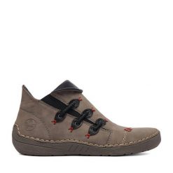 Botki Rieker. Szare botki damskie Rieker, bez wzorów, bez obcasa, na płaskiej podeszwie, bez zapięcia. Za 349.99 zł.