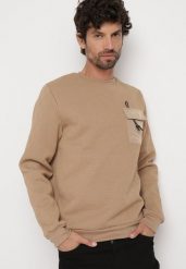 Beżowa Tłoczona Bluza Ozdobiona Kieszonką z Klapą Ansabeth. Brązowe bluzy męskie Born2be, l, bez wzorów, z jeansu, klasyczne, bez ramiączek, bez kaptura. Za 79.99 zł.