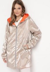 Pomarańczowa Kurtka Dwustronna z Nieodpinanym Kapturem i Metalicznym Efektem Lirednil. Brązowe kurtki damskie Born2be, l, bez wzorów. Za 99.99 zł.