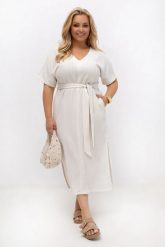 Sukienka kimonowa ecru Mila z paskiem | 100% wiskoza | PLUS SIZE OVERSIZE LATO. Sukienki damskie Moda Size Plus Iwanek, do pracy, na lato, l, bez wzorów, z elastanu, biznesowe, bez kołnierzyka, plus size, bez ramiączek, maxi, dopasowane. Za 299.90 zł.