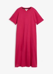 Szeroka sukienka T-shirtowa z grubszego materiału typu interlock z bawełny organicznej, z kieszeniami. Czerwone sukienki damskie bonprix, bez wzorów, z bawełny, klasyczne, bez kołnierzyka, bez ramiączek. Za 92.99 zł.