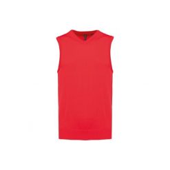 Sweter bez rękawów z dekoltem w szpic Kariban. Czerwone swetry męskie KARIBAN, m, bez wzorów, bez kołnierzyka, bez ramiączek. Za 165.50 zł.