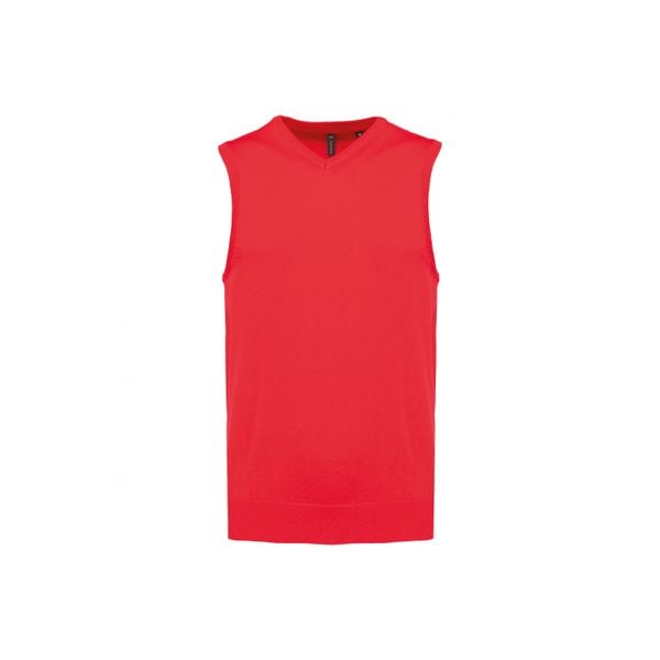 Sweter bez rękawów z dekoltem w szpic Kariban. Czerwone swetry męskie KARIBAN, m, bez wzorów, bez kołnierzyka, bez ramiączek. Za 165.50 zł.