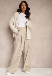 Beżowe Szerokie Spodnie z Wiskozą o Garniturowym Kroju z Zakładkami i Kieszeniami Lobine. Brązowe spodnie materiałowe damskie Renee, bez wzorów, z jeansu, eleganckie. Za 159.99 zł.