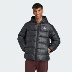Kurtka z kapturem Essentials CLIMAWARM Synthetic Down Puffer. Czarne kurtki sportowe męskie Adidas, bez wzorów, z kapturem, ClimaWarm (Adidas). W wyprzedaży za 455.20 zł.