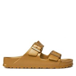 Klapki Birkenstock. Żółte klapki damskie Birkenstock, bez wzorów, bez obcasa, bez zapięcia. Za 249.99 zł.
