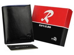 Klasyczny portfel czarny Ronaldo N4-VT BLACK-BLUE. Czarne portfele męskie RONALDO, bez wzorów, ze skóry. Za 65.99 zł.