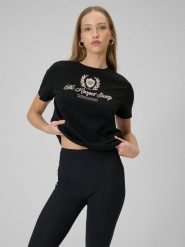4F T-shirt boxy z nadrukiem damski - czarny L. Czarne t-shirty damskie 4F, l, bez wzorów, z bawełny, bez kołnierzyka, bez ramiączek. Za 69.99 zł.