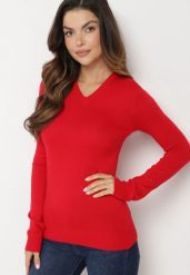 Czerwony Klasyczny Sweter z Trójkątnym Dekoltem Anillia. Czerwone swetry nierozpinane damskie Born2be, m, bez wzorów, z jeansu, eleganckie, bez kołnierzyka, bez ramiączek. Za 74.99 zł.