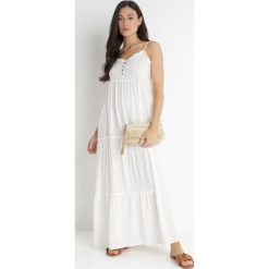 Biała Sukienka Cilaris. Białe sukienki damskie Born2be, na lato, m, bez wzorów, z tkaniny, bez kołnierzyka, bez ramiączek, maxi, rozkloszowane. Za 29.99 zł.