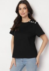 Czarny T-shirt z Bawełną i Ozdobnymi Guzikami Edivona. Czarne t-shirty damskie Born2be, m, bez wzorów, z bawełny, eleganckie, bez kołnierzyka, bez ramiączek. Za 84.99 zł.