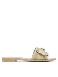 Guess Klapki FLJELY LEL19 Złoty. Żółte klapki damskie Guess, z aplikacjami, z materiału, bez obcasa, bez zapięcia. Za 419.99 zł.