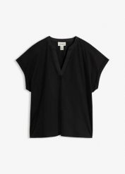Bluzka z gładkiej mieszanki bawełny i jedwabiu. Czarne bluzki damskie bonprix, bez wzorów, z bawełny, eleganckie, bez kołnierzyka, bez ramiączek. Za 149.99 zł.