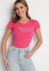 Fuksjowy T-shirt z Bawełny z Ozdobnym Napisem Asemi. Czerwone t-shirty damskie Born2be, m, bez wzorów, z bawełny, bez kołnierzyka, bez ramiączek. Za 29.99 zł.