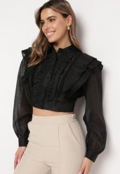 Czarna Koszula o Krótkim Fasonie z Żabotem Rippla. Czarne koszule damskie Born2be, m, bez wzorów, eleganckie, bez kołnierzyka, bez ramiączek. Za 64.99 zł.