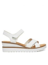 Rieker Sandały V38G9-80 Biały. Białe sandały damskie Rieker, bez wzorów, z syntetyku, bez obcasa, na koturnie, bez zapięcia. Za 289.99 zł.