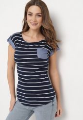 Czarny Bawełniany T-shirt w Paski z Kieszonką i Wywiniętymi Rękawami Saguafia. Czarne t-shirty damskie Born2be, l, bez wzorów, z bawełny, bez kołnierzyka, bez ramiączek. Za 44.99 zł.