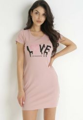 Różowa Bawełniana Sukienka T-shirtowa z Napisem Avera. Czerwone sukienki damskie Born2be, m, bez wzorów, z bawełny, bez kołnierzyka, bez ramiączek, mini. Za 19.99 zł.