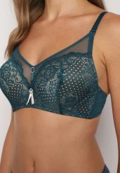 Ciemnozielony Biustonosz Push-Up z Koronki Ozdobiony Metalową Aplikacją Arissta. Zielone biustonosze Renee, z aplikacjami, z koronki. Za 39.99 zł.
