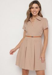 Ciemnobeżowa Bawełniana Sukienka Koszulowa z Paseczkiem Wenilise. Brązowe sukienki damskie Born2be, na co dzień, na lato, l, bez wzorów, z bawełny, eleganckie, bez kołnierzyka, bez ramiączek, mini, koszulowe. Za 84.99 zł.