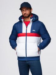 Kolorowa sportowa męska kurtka w stylu retro – niebiesko-biała V1. Niebieskie kurtki sportowe męskie Ombre Clothing, m, z aplikacjami, z materiału, bez kaptura. Za 379.99 zł.