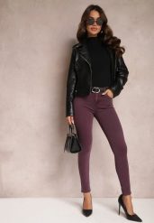Ciemnofioletowe Jeansy Skinny z Efektem Push Up Karinali. Fioletowe jeansy damskie Renee, bez wzorów, z bawełny. Za 69.99 zł.