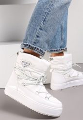 Białe Śniegowce Wsuwane z Ozdobnym Wiązaniem Amodita. Białe śniegowce damskie Born2be, z jeansu, bez zapięcia. Za 59.99 zł.