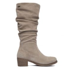 Kozaki Rieker. Brązowe kozaki damskie Rieker, bez wzorów, bez obcasa, na słupku, bez zapięcia. Za 479.99 zł.
