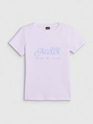 4F T-shirt slim z nadrukiem damski - biały L. Białe t-shirty damskie 4F, l, bez wzorów, z dzianiny, bez kołnierzyka, bez ramiączek. Za 59.99 zł.
