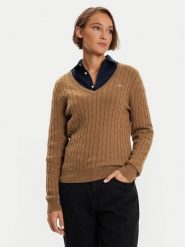Gant Sweter 4800101 Brązowy Slim Fit. Brązowe swetry nierozpinane damskie GANT, xs, bez wzorów, z bawełny, bez kołnierzyka, bez ramiączek. Za 299.99 zł.