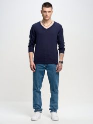 Sweter męski granatowy Vason 403. Niebieskie swetry męskie BIG STAR, l, bez wzorów, z dzianiny, klasyczne, bez kołnierzyka, bez ramiączek. W wyprzedaży za 139.99 zł.