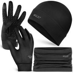Zestaw termiczny unisex - czapka, komin i rękawiczki 4FIZJO. Czarne czapki damskie 4FIZJO, na zimę, bez wzorów, sportowe. Za 99.99 zł.