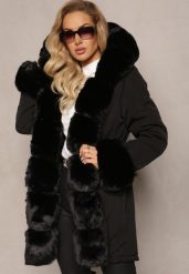 Czarna Kurtka Parka z Futerkiem i Ozdobnym Ściągaczem Sakha. Czarne kurtki damskie Renee, l, bez wzorów, z futra, bez kaptura. Za 349.99 zł.