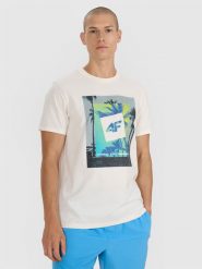 4F T-shirt regular z nadrukiem męski - beżowy S. Brązowe koszulki sportowe męskie 4F, m, bez wzorów, z bawełny, bez kołnierzyka, bez ramiączek. Za 59.99 zł.