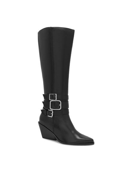 Eva Minge Kozaki CAREI-111347 Czarny. Czarne kozaki damskie Eva Minge, bez wzorów, ze skóry, bez obcasa, na słupku, bez zapięcia. Za 449.99 zł.