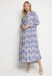 Niebieska Rozkloszowana Sukienka z Wiskozy w Ornamentalny Wzór Gonavina. Niebieskie sukienki damskie Born2be, na co dzień, l, bez wzorów, z wiskozy, eleganckie, bez kołnierzyka, bez ramiączek, maxi, kopertowe. Za 119.99 zł.