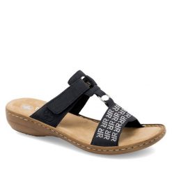 Klapki Rieker. Niebieskie klapki damskie Rieker, bez wzorów, bez obcasa, bez zapięcia. Za 289.99 zł.