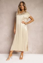 Beżowa Casualowa Sukienka z Wiskozy Oversize o Pudełkowym Kroju Morarose. Brązowe sukienki damskie Renee, na lato, bez wzorów, z materiału, bez kołnierzyka, bez ramiączek, midi, oversize. Za 109.99 zł.