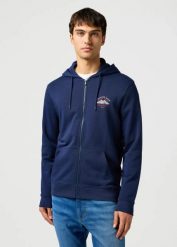 WRANGLER MĘSKA BLUZA WRANGLER GRAPHIC ZIP HOODIE NAVY 112362887. Niebieskie bluzy męskie Wrangler, m, bez wzorów, bez ramiączek, bez kaptura. Za 159.99 zł.