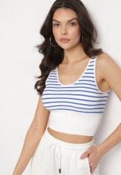 Biało-Niebieski Tank Top w Paski z Prążkowanej Tkaniny Sesillia. Niebieskie topy damskie Born2be, s, bez wzorów, z jeansu, eleganckie, bez kołnierzyka, bez ramiączek. Za 24.99 zł.