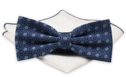 Niebiesko-Granatowa Mucha z Białą Poszetką -CHATTIER- Męska, Wzór Geometryczny, Koła. Niebieskie krawaty i muchy Chattier, bez wzorów, eleganckie. Za 59.00 zł.