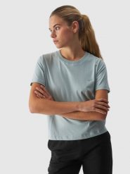 4F T-shirt regular gładki damski - turkusowy L. Niebieskie t-shirty damskie 4F, l, bez wzorów, z bawełny, klasyczne, bez kołnierzyka, bez ramiączek. W wyprzedaży za 29.99 zł.