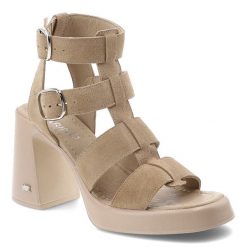 Sandały damskie Karino, cholewka ze skóry naturalnej welurowej wielopaskowa konstrukcja na stabilnym obcasie, beżowe, 5819/022-P. Brązowe kozaki damskie Karino, bez wzorów, ze skóry, bez obcasa, bez zapięcia. Za 549.00 zł.