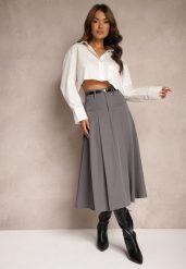 Szara Spódnica o Rozkloszowanym Kroju High Waist z Paskiem i Imitacją Kieszeni Rivivia. Szare spódnice damskie Renee, na co dzień, l, bez wzorów, eleganckie, z podwyższonym stanem, midi, dopasowane. Za 129.99 zł.