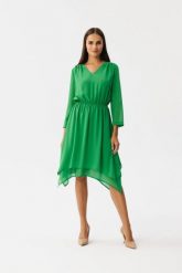 Elegancka zwiewna sukienka szyfonowa asymetryczna zielona. Zielone sukienki damskie Stylove, na imprezę, l, bez wzorów, z gumy, eleganckie, z asymetrycznym kołnierzem, bez ramiączek, asymetryczne. Za 379.00 zł.