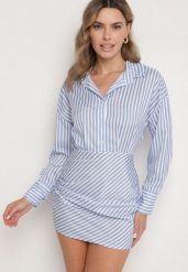 Jasnoniebieska Koszulowa Sukienka w Paski o Dopasowanym Kroju Meveira. Niebieskie sukienki damskie Born2be, na imprezę, m, z aplikacjami, klasyczne, bez kołnierzyka, bez ramiączek, mini, dopasowane. Za 99.99 zł.