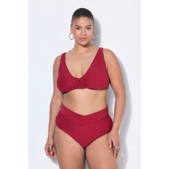 Damski Top bikini miękkie miseczki paski frotte ozdobne kółko. Czerwone stroje kąpielowe damskie Ulla Popken, plus size, bez wzorów, z elastanu. W wyprzedaży za 111.99 zł.