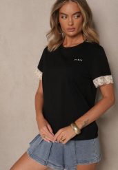 Czarny Bawełniany T-shirt z Koronkowymi Zdobieniami i Cekinami Drane. Czarne t-shirty damskie Renee, l, z aplikacjami, z bawełny, eleganckie, bez kołnierzyka, bez ramiączek. Za 44.99 zł.
