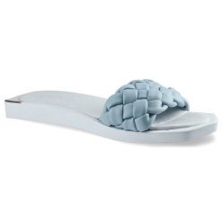 Klapki damskie Chebello, naturalna skóra licowa z szerokim plecionym paskiem wsuwaną konstrukcją oraz płaską podeszwą, niebieskie, 2609-366-PSK. Niebieskie klapki damskie CheBello, bez wzorów, ze skóry, wakacyjne, bez obcasa, na płaskiej podeszwie, bez zapięcia. Za 199.00 zł.