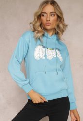 Jasnoniebieska Ocieplona Bluza Kangurka z Nadrukiem Pralle. Niebieskie bluzy damskie Renee, l, bez wzorów, casualowe, bez ramiączek, z kapturem. Za 79.99 zł.